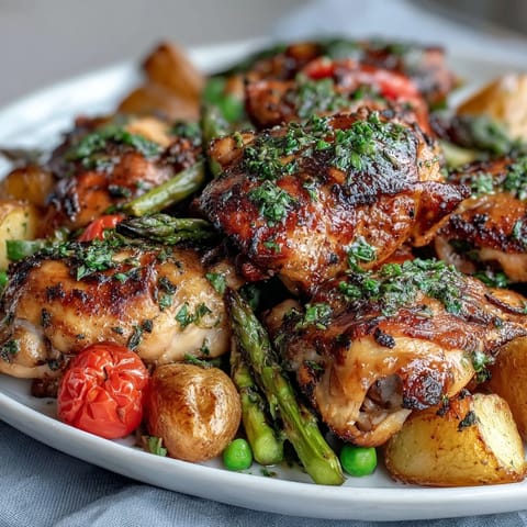 Healthy Easy Sheet Pan Chicken with Spring Veggies, golden roasted chicken and vibrant vegetables, perfect for a quick weeknight dinner.  