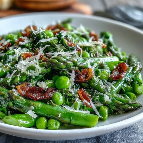 Vibrant spring salad with shaved asparagus, sweet peas, arugula, and a tangy lemon dressing, topped with Parmesan and pine nuts.