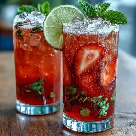 A vibrant strawberry lemon sparkling mocktail in a tall glass, garnished with fresh mint and lemon slices, perfect for spring gatherings.