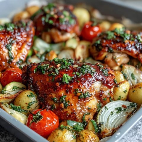 Colorful sheet pan dinner of chicken breasts, zucchini, and cherry tomatoes, seasoned with garlic and Italian herbs.