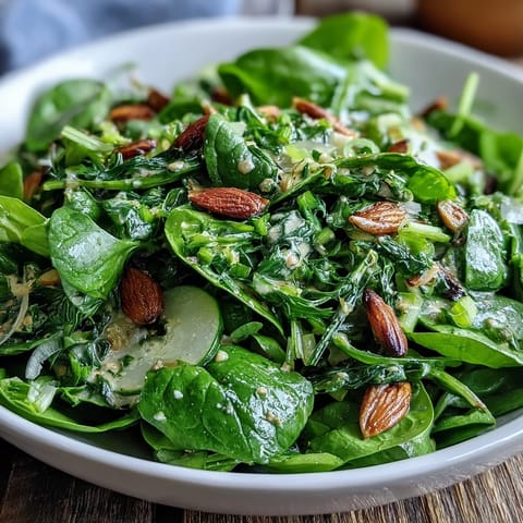 Vibrant spring green salad with honey mustard dressing, topped with crunchy toasted almonds and fresh herbs. Refreshing and crisp, perfect for a light lunch or appetizer.