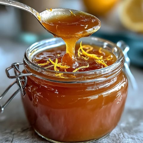 Bright, golden dandelion jelly with lemon and honey, perfect for spreading on warm toast or scones.
