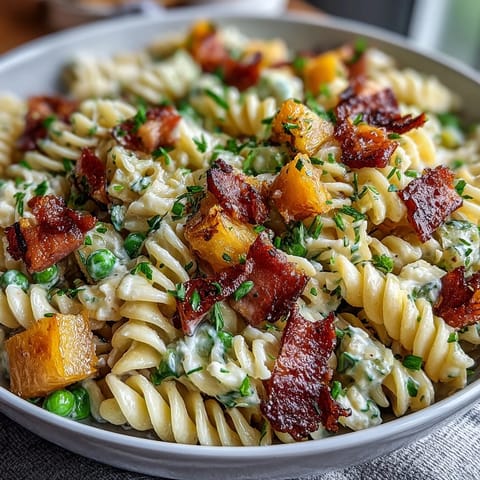 Hawaiian Pasta Salad with Ham, Pineapple, and Ranch in a colorful bowl, perfect for summer gatherings.  