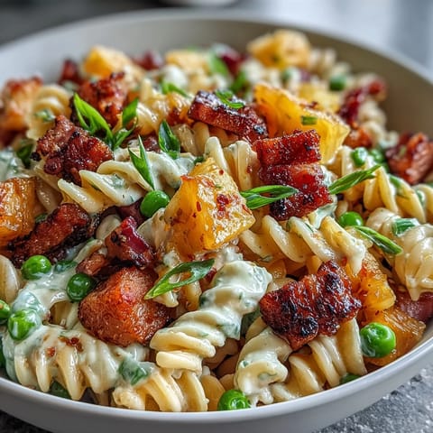 Creamy ranch-dressed pasta salad loaded with diced ham, sweet pineapple, and crisp vegetables for a tropical twist.  