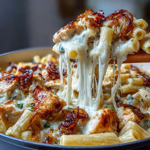Creamy French onion chicken pasta with caramelized onions and melted Gruyère cheese in a rich one-pot meal.