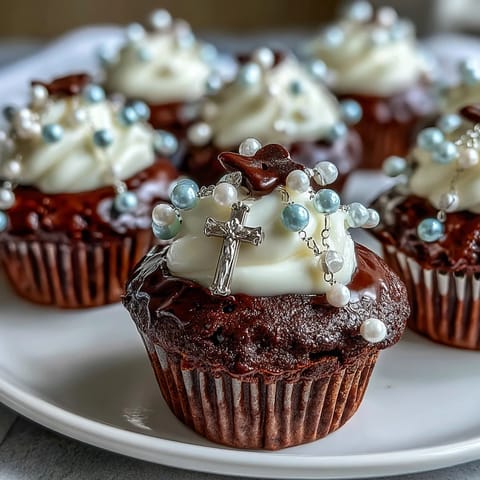 Mini First Communion cupcakes with delicate rosary fondant toppers, creamy vanilla buttercream, and soft pastel accents for a sacred celebration.
