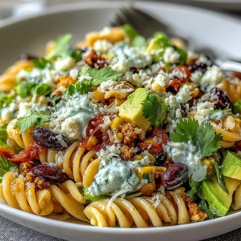 Colorful taco pasta salad with rotini, black beans, corn, tomatoes, and avocado, topped with shredded cheddar and crushed tortilla chips.