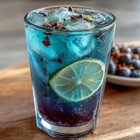 A vibrant glass of butterfly pea flower color-change lemonade, shifting from blue to purple as citrus mixes in, served over ice with lemon slices.