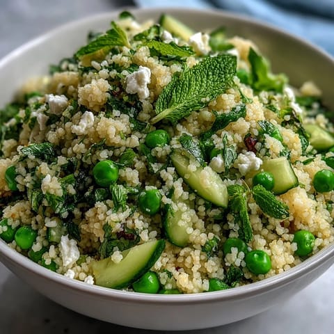 Fluffy couscous tossed with sweet peas, mint, and lemon dressing for a refreshing side.  