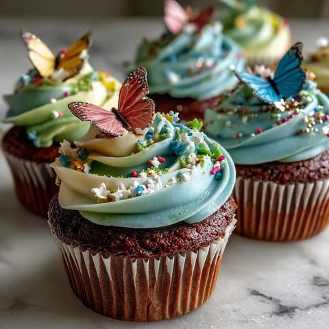 Beautiful spring cupcakes with pastel butterfly buttercream, perfect for Easter or garden parties.  