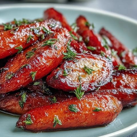 Honey Glazed Roasted Carrots with Thyme, caramelized to perfection and sprinkled with fresh thyme for a fragrant, sweet, and savory side dish.