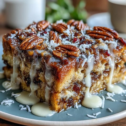 1. Traditional Mexican capirotada dessert with toasted bread, piloncillo syrup, nuts, and raisins in a golden-baked casserole.  