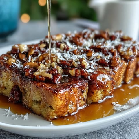 2. Warm Mexican bread pudding layered with cheese, dried fruit, and crunchy nuts, topped with coconut flakes and syrup.  