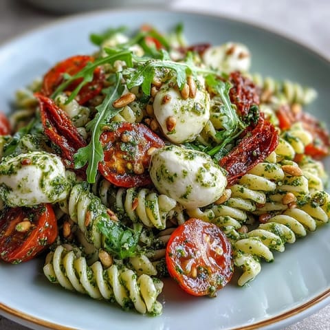 A colorful summer pasta salad with pesto, cherry tomatoes, and mozzarella, perfect for picnics and BBQs.