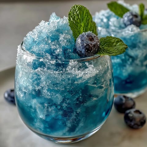 Blue Raspberry Lemonade Slushie with ice and lemon slices in a frosty glass.