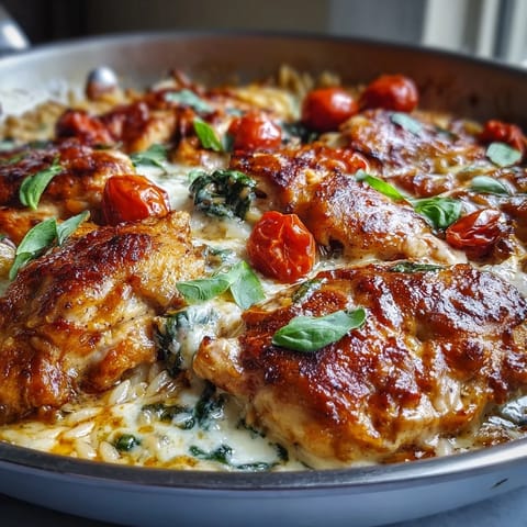 Golden One-Pan Creamy Chicken Lasagna Orzo with melted mozzarella and fresh basil garnish.
