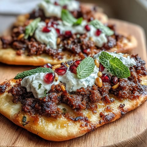 Spiced Lamb Flatbread Pizza topped with creamy Greek yogurt, juicy pomegranate seeds, and fresh mint leaves for a vibrant meal.