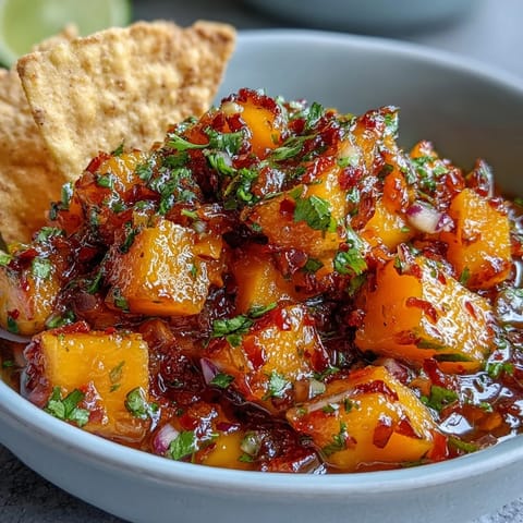 Spicy-sweet Mango Habanero Salsa featuring juicy ripe mango, red onion, and habanero, perfect for scooping with crispy tortilla chips.