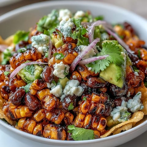 A vibrant bowl of grilled corn and black bean taco salad with fresh avocado and zesty lime dressing.  