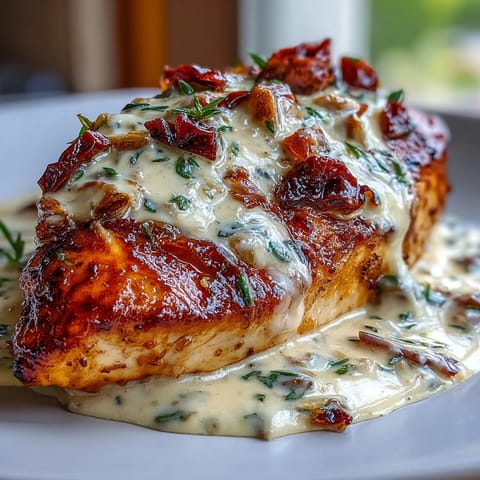 Creamy Marry Me Chicken with sun-dried tomatoes and garlic in a rich Parmesan sauce, served hot and garnished with fresh basil.