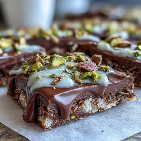 Decadent Dubai chocolate bark with crispy kataifi, pistachio cream, and rich dark chocolate coating, garnished with rose petals and chopped pistachios.