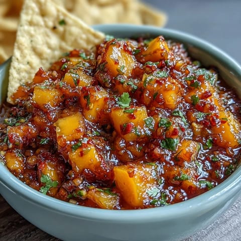 Mango Habanero Salsa with vibrant diced mango and fiery habanero peppers, garnished with fresh cilantro and lime juice.