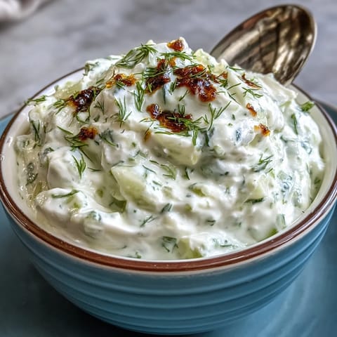 Creamy Greek Skyr Tzatziki dipping with fresh dill and zesty garlic.