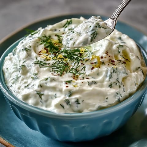 Plated Greek Skyr Tzatziki with vibrant cucumber and olive oil drizzle.