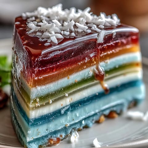 Agar-Agar Rainbow Jelly Cake: vibrant layers shimmer with coconut cream, ready for dessert.