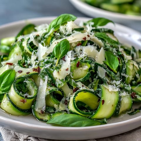 Shaved Zucchini Ribbon Salad: bright lemon dressing, shaved Parmesan, and fresh basil.