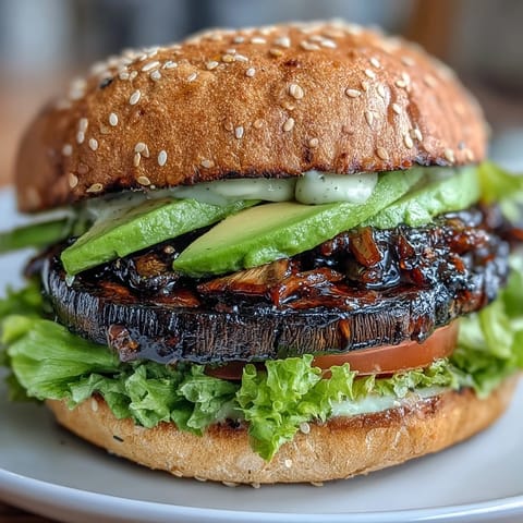 Juicy grilled portobello mushroom burgers with creamy avocado, ready for your next cookout.