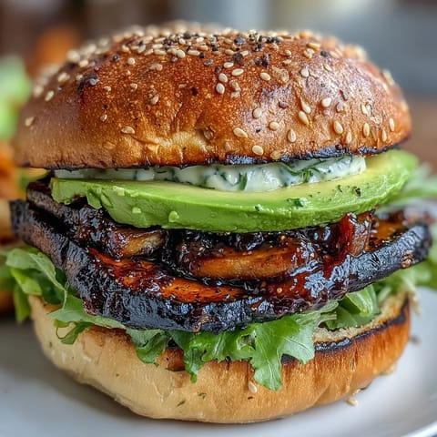Hearty grilled portobello mushroom burgers topped with fresh avocado and veggies.