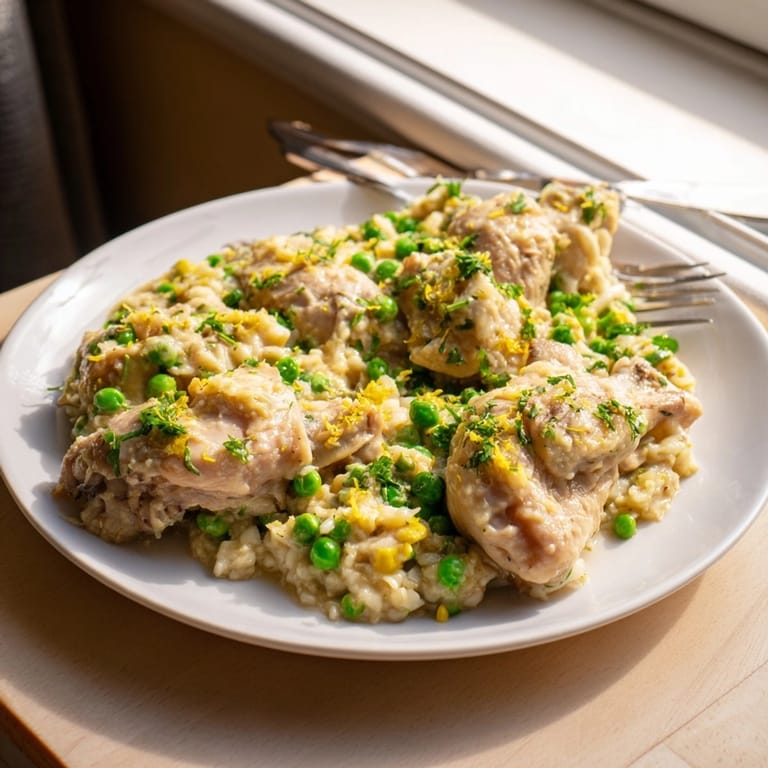 Creamy lemon chicken and rice dish with golden chicken thighs nestled in aromatic, zesty sauce.