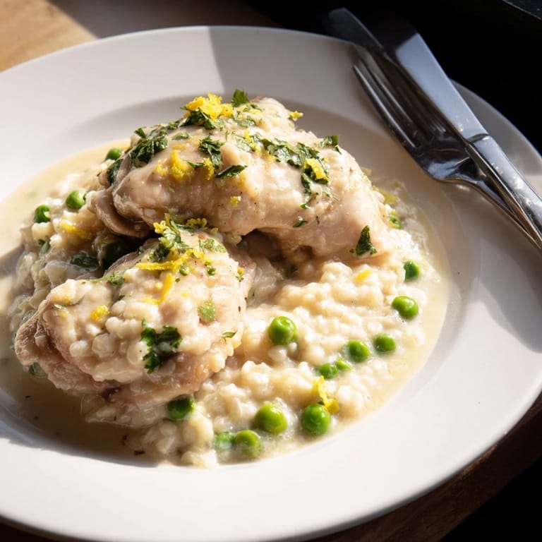 Close-up of one-pot creamy lemon chicken and rice showing tender chicken and peas in creamy sauce.