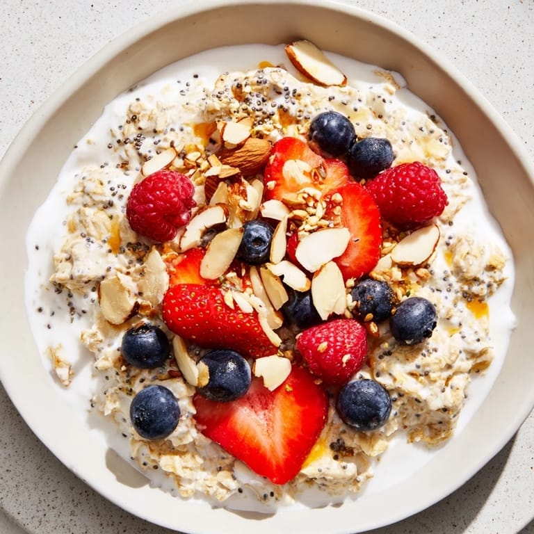 Fresh, vibrant berries topping a jar of Overnight Oats, promising a delicious and easy morning meal.