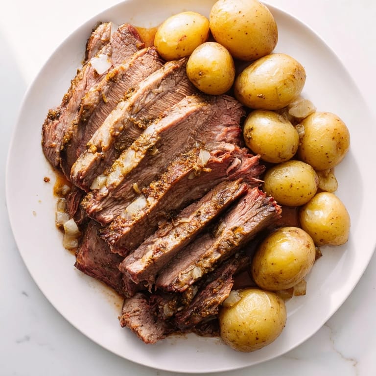 Fork-tender pot roast from the slow cooker, fragrant with onion soup mix and beef broth.