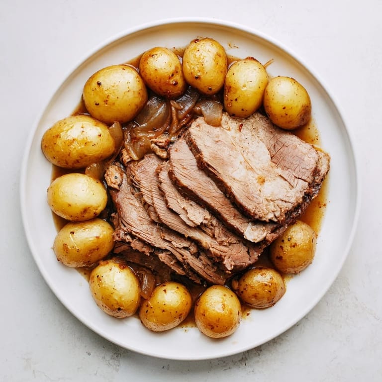 Delectable 4-ingredient slow cooker pot roast with perfectly cooked potatoes, ready to serve.