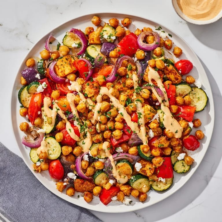 Vibrant Mediterranean Chickpea and Veggie Grain Bowl, offering a satisfying mix of roasted vegetables and creamy tahini dressing.