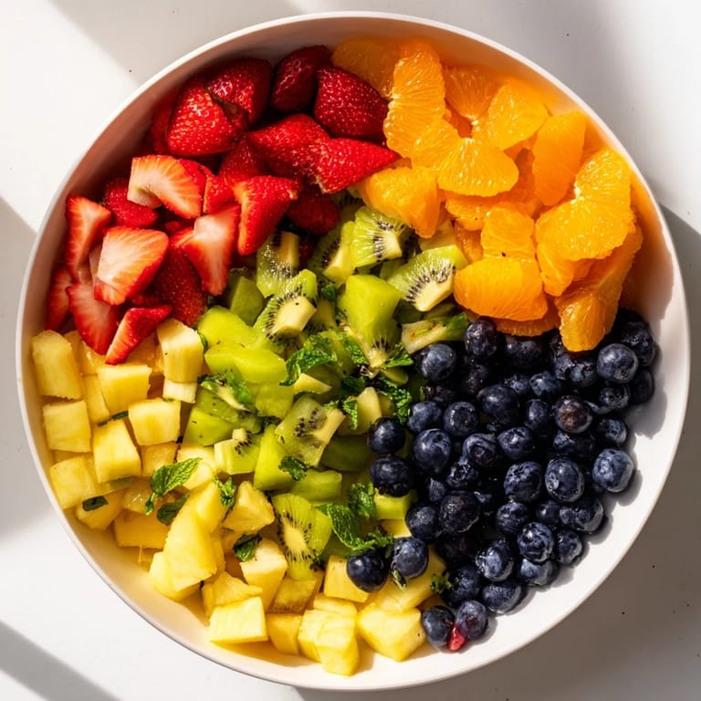 Close-up of a refreshing fruit salad piled high, glistening with a honey-lime glaze.
