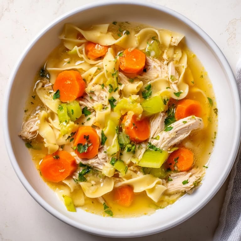 Fragrant and flavorful Cozy Chicken Noodle Soup from Scratch, full of tender chicken and fresh herbs.
