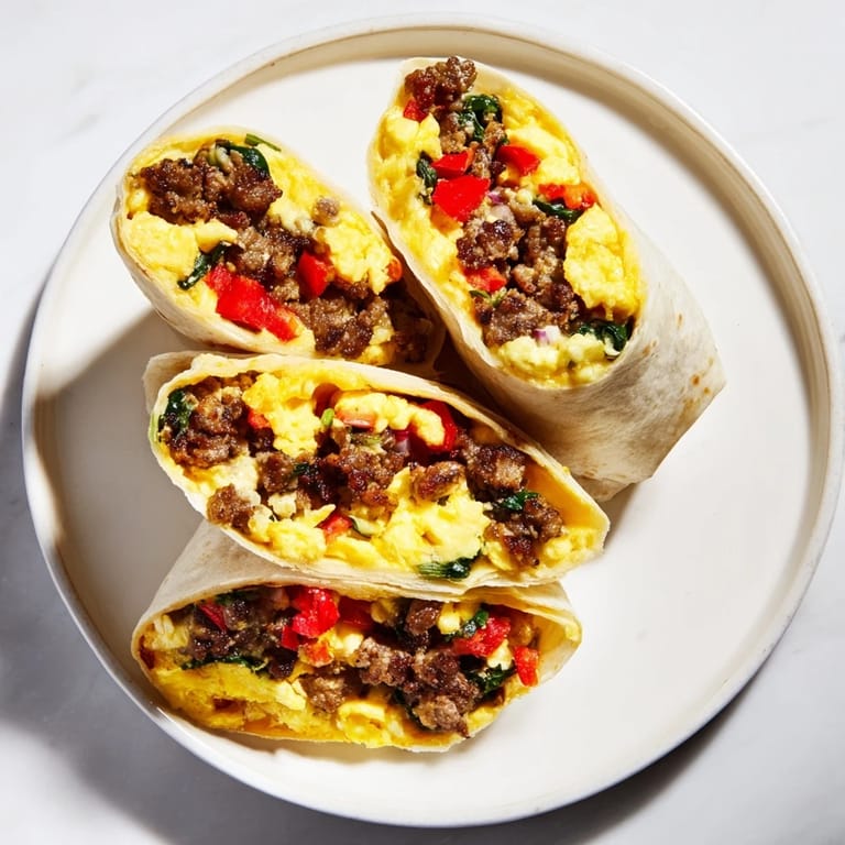 Warm flour tortillas wrapped around flavorful sausage, vegetable, and cheese make-ahead breakfast burritos for a convenient meal.