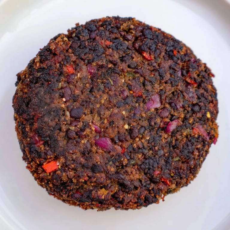 Close-up of a sizzling black bean burger patty, showcasing a perfectly crispy exterior before serving.