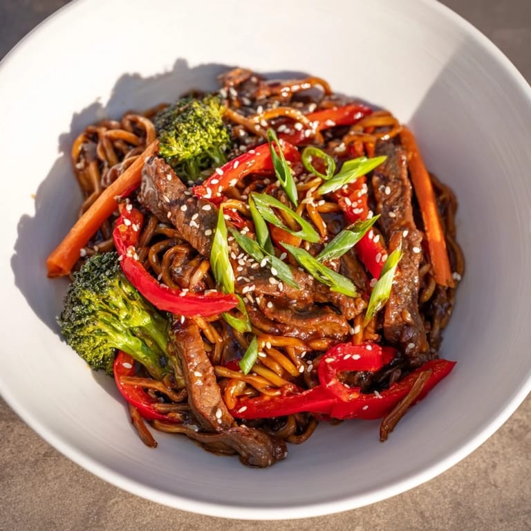 Enjoy the delicious aroma of this easy Beef Stir-Fry dish with lo mein, a quick weeknight dinner.
