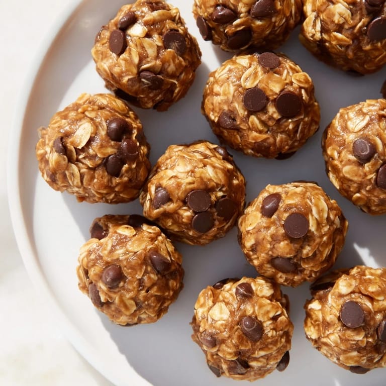 These no-bake peanut butter energy balls are studded with chocolate chips, perfect for a quick snack.
