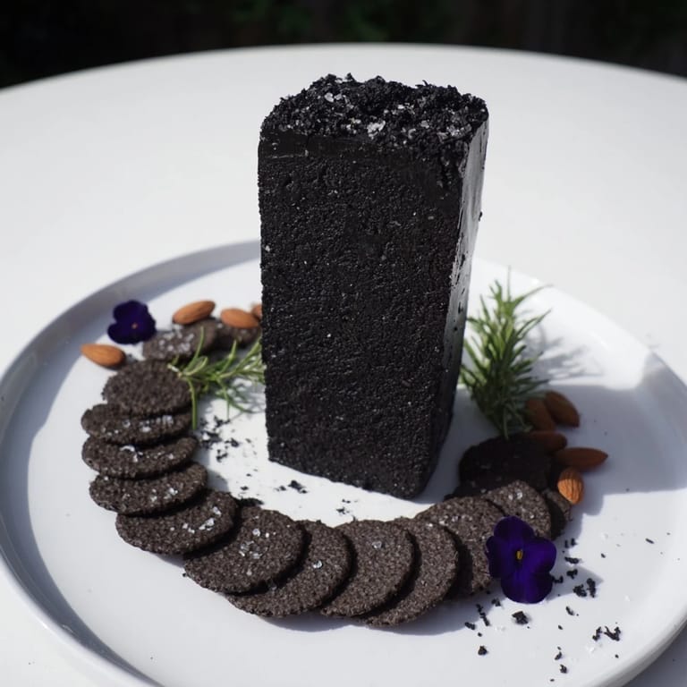 Showstopping appetizer, The Obsidian Peak, offers rich flavor and contrasting textures with dark rye crackers.