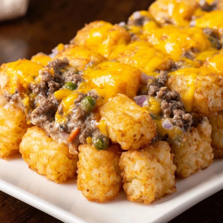 A close-up view of the Family Favorite Tater Tot Casserole shows melted cheese and perfectly browned tater tots.