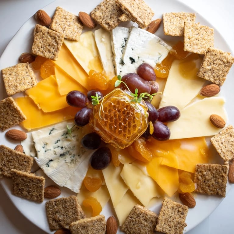 Imagine a beautiful display: This Gilded Hive cheese board offers creamy cheeses, crackers, and drizzles of honey.