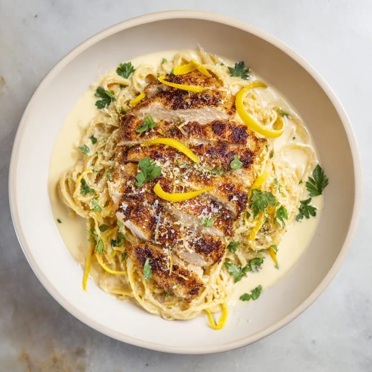 Golden-brown lemon brûlée chicken slices atop creamy pasta in this stunning Pasta with Lemon Brûlée Chicken.