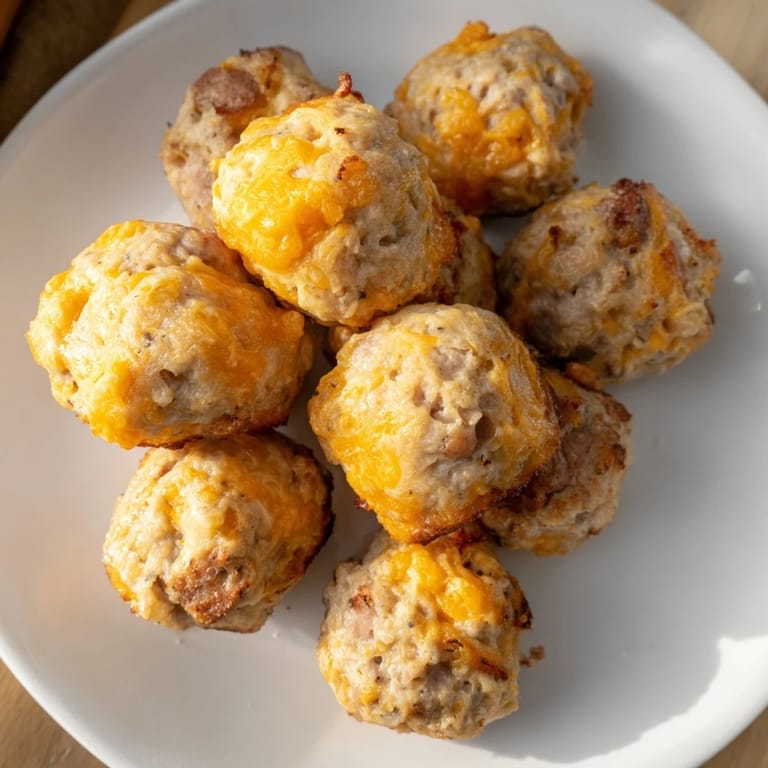 A close-up of cheesy Chicken and Sausage Bisquick Balls, ready to serve with a dipping sauce, warm and delicious.