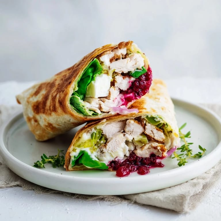 A close-up of a perfectly grilled Chicken and Brie Holiday Wrap, overflowing with savory goodness.